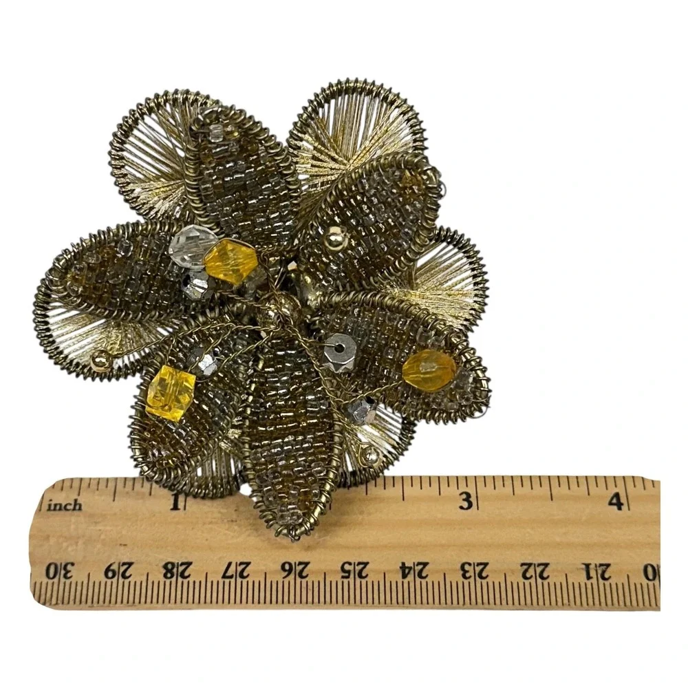 Pier 1 Beaded Metal Flower Napkin Ring Set‎ Of 6 Gold Tone Yellow Spun Wire